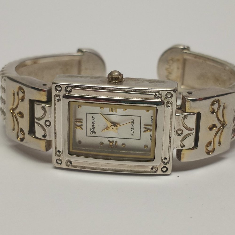 Geneva Platinum Silver & Gold Tone Hinged Cuff Band Watch